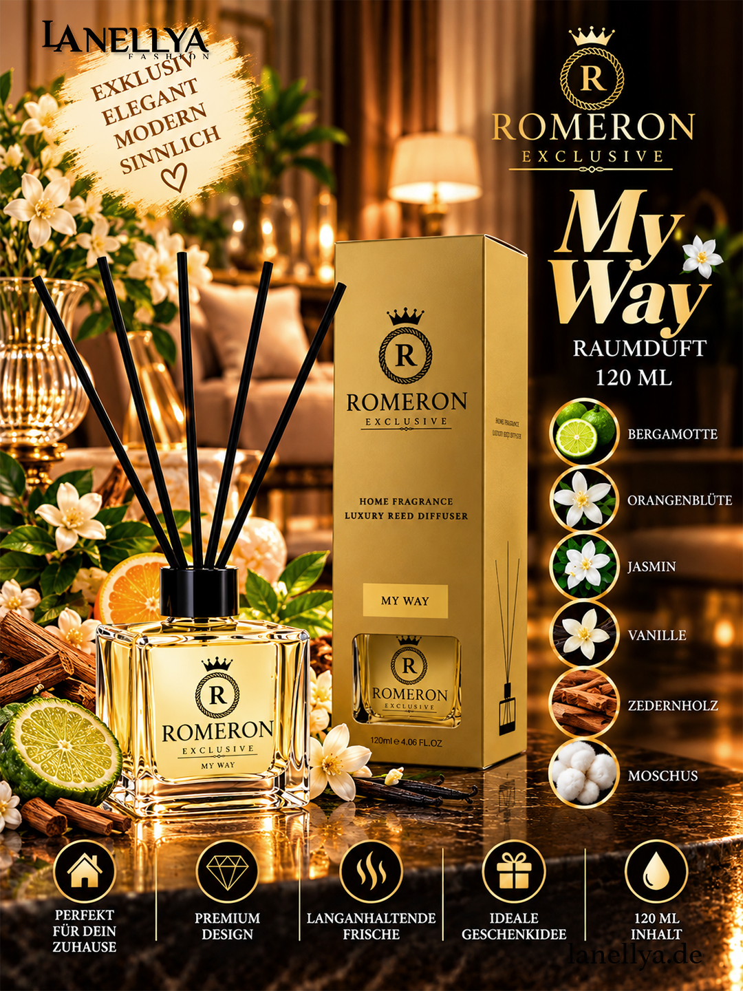 ROMERON My Way Raumduft 120 ml – Luxury Reed Diffuser