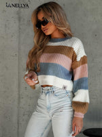 O'La Bianka Damen Pullover Cropped Colorblock Streifen Strickpullover