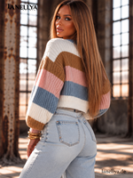 O’la Bianka Damen Colorblock Pullover Rosa Blau Camel mit kurzem Schnitt und dekorativem Strickmuster