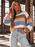 O’la Bianka Damen Colorblock Strickpullover kurz in Rosa, Rauchblau, Camel und Cremeweiß – S–XL