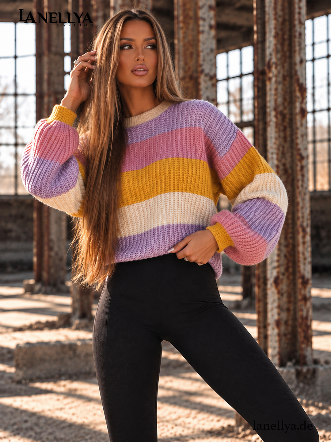 O’la Bianka Damen Colorblock Strickpullover mit Streifen in Flieder, Rosa, Gelb und Creme – S–XL