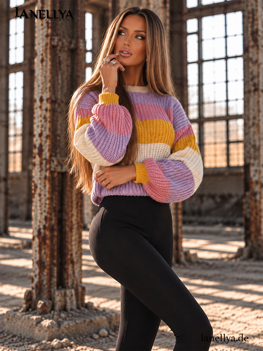 O’la Bianka Damen Pullover Bunt mit Rundhalsausschnitt und breiten pastellfarbenen Streifen