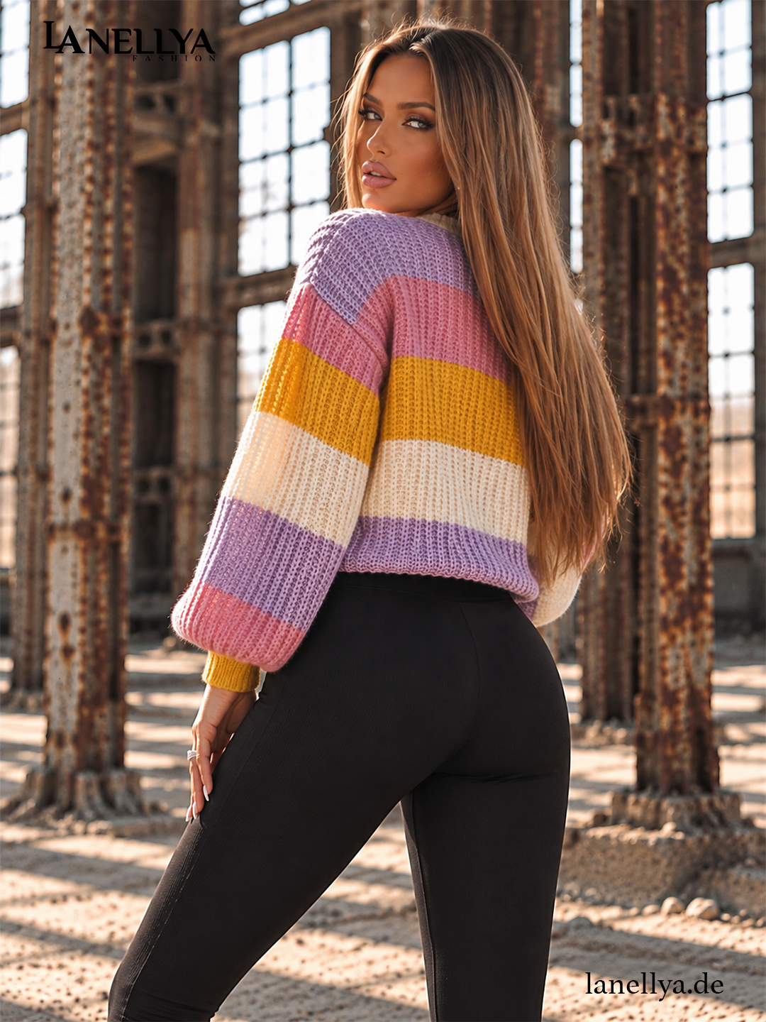 O’la Bianka Damen Strickpullover Flieder Rosa Gelb Creme mit Rippstrickbündchen und lockerem Schnitt