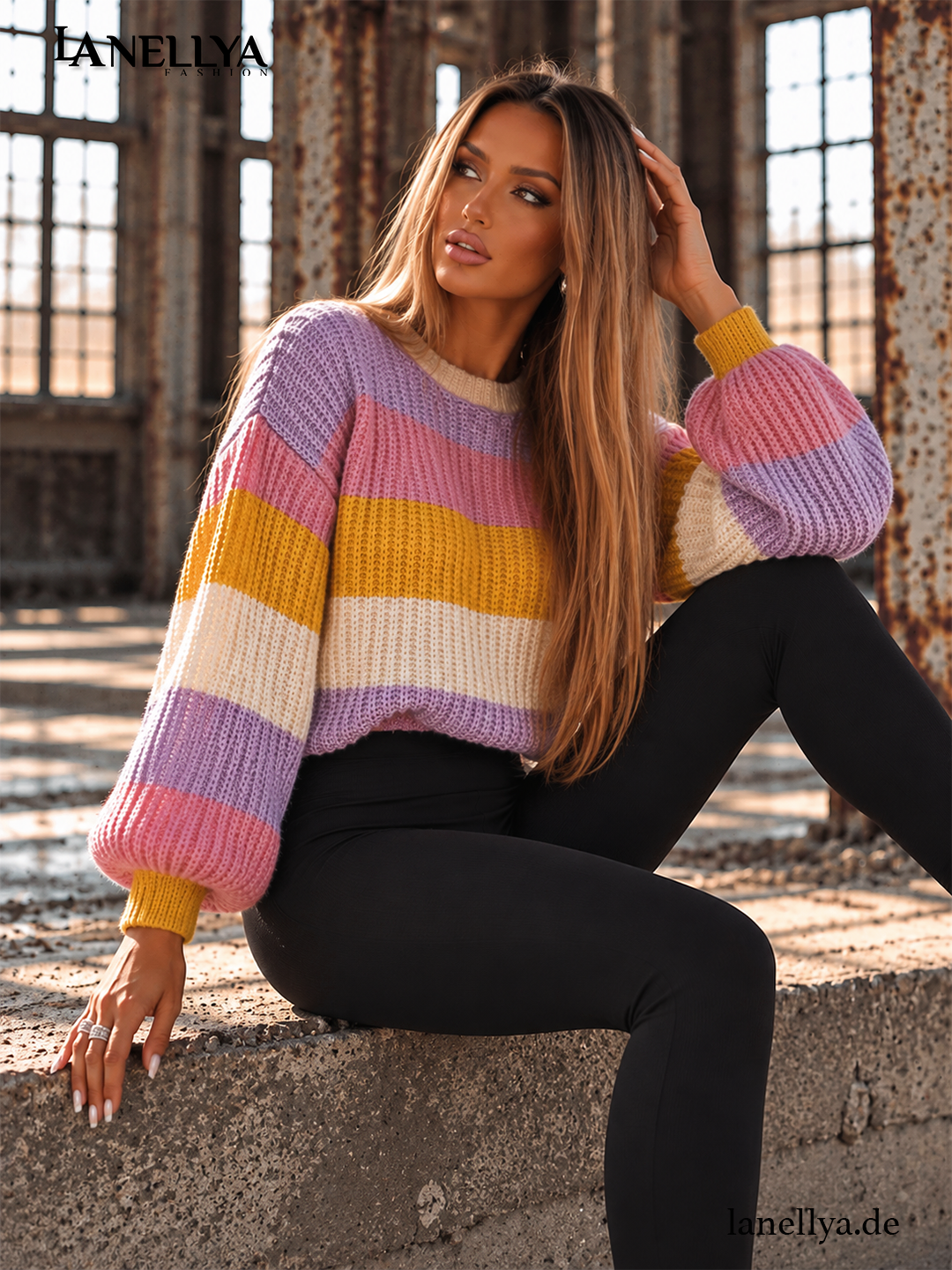 O’la Bianka Strickpullover Damen mit voluminösen Ärmeln und Colorblock Design in Pastellfarben