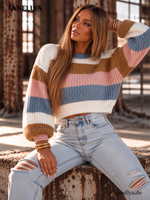 O’la Bianka kurzer Damen Strickpullover mit voluminösen Ärmeln und Rippstrickbündchen
