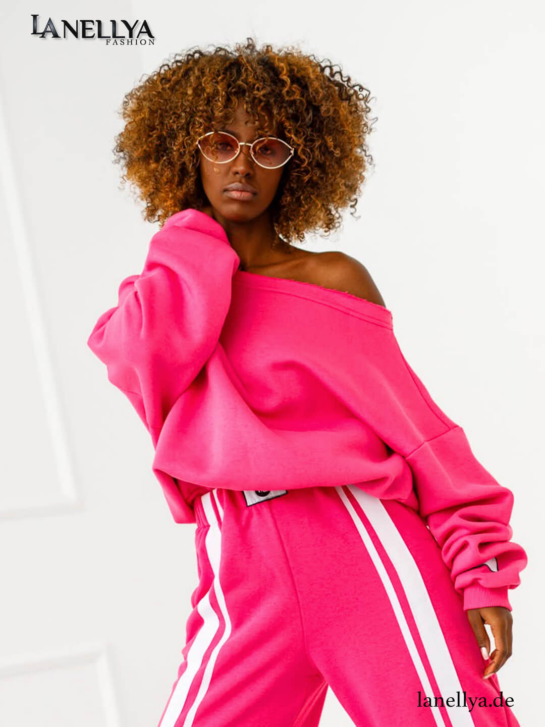 Off-Shoulder Sweatshirt Damen in kräftigem Pink
