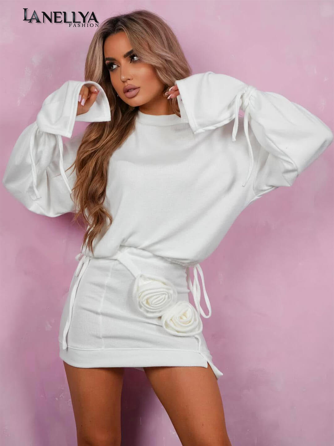 Ola Bianka Damen Set Weiß Zweiteiler mit Minirock und 3D Rosen