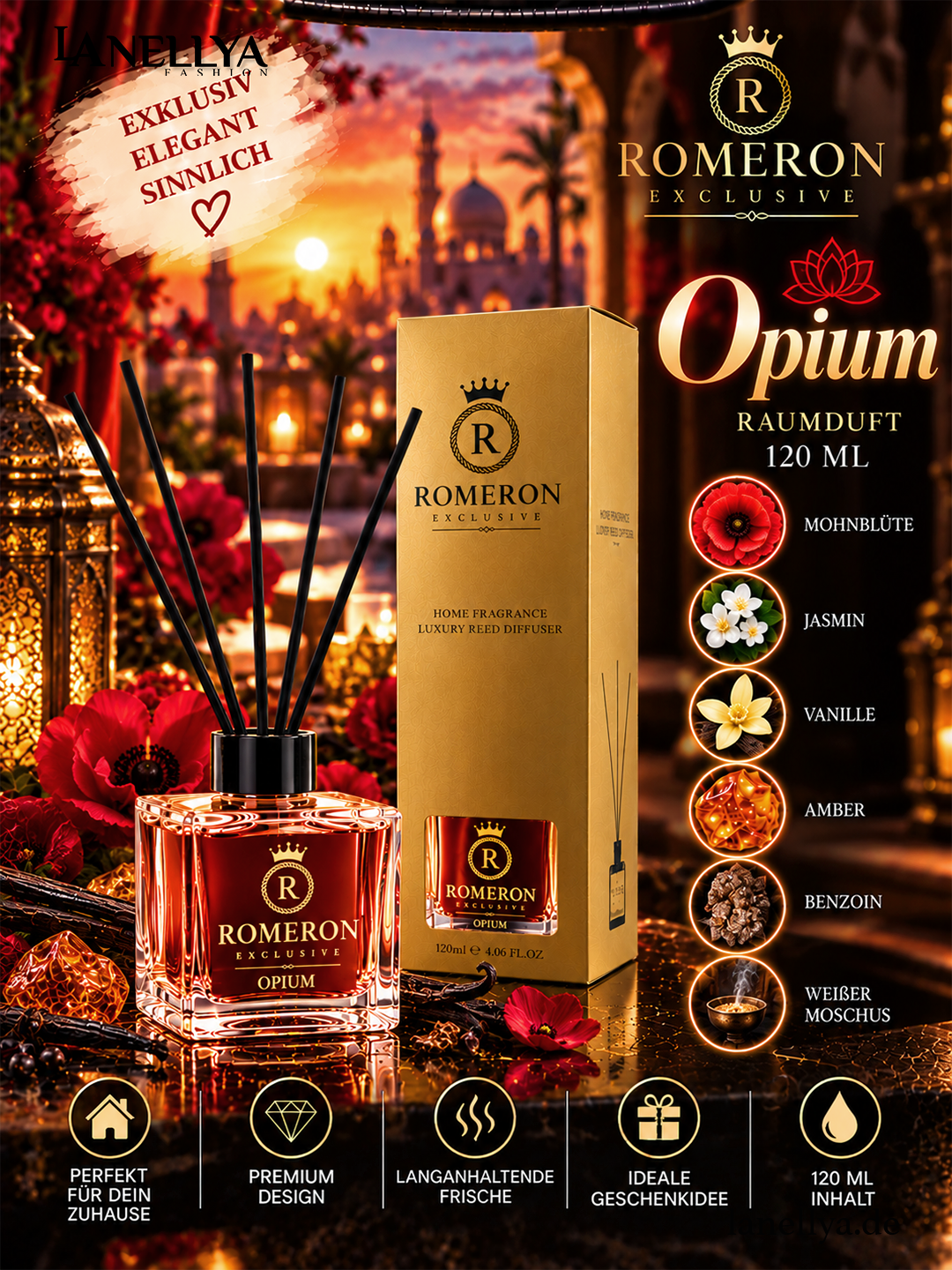 ROMERON Opium Raumduft 120 ml – Luxury Reed Diffuser