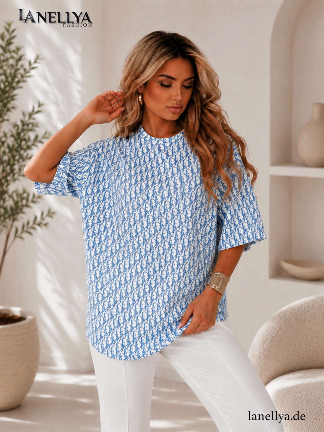 Oversize Damen Bluse mit blauem Allover Print und lockerem Schnitt
