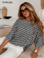 Oversize Damen Bluse mit schwarzem Allover Print aus Baumwolle