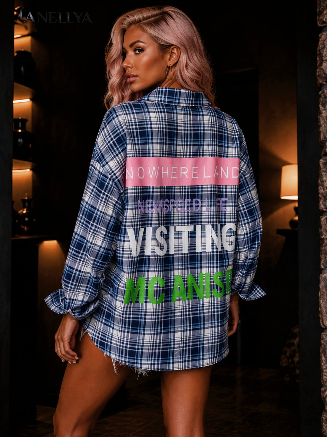 Oversize Damen Karohemd Blau Weiß mit großer Rückseiten Aufschrift