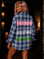 Oversize Damen Karohemd Blau Weiß mit großer Rückseiten Aufschrift