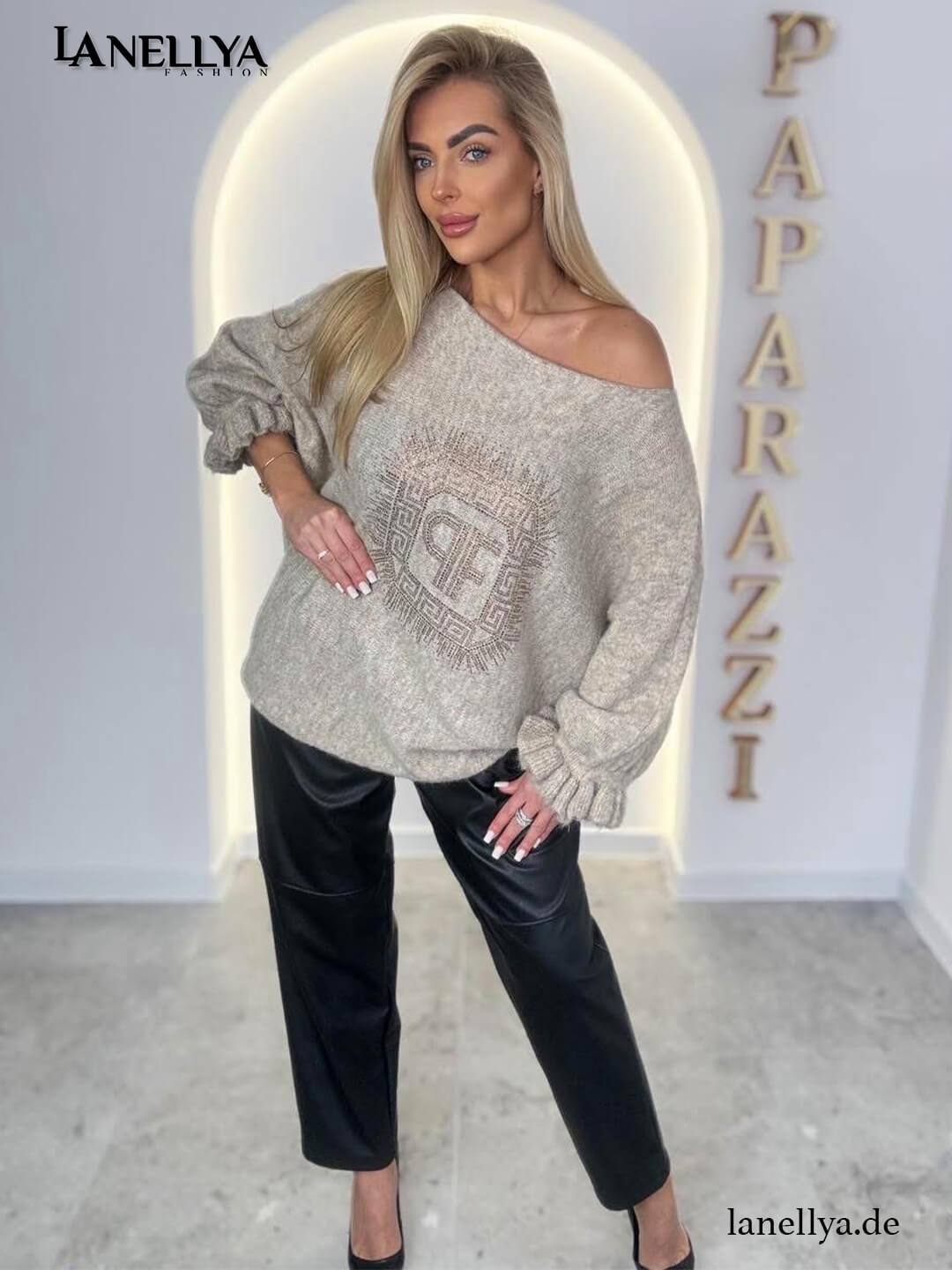 Oversize Pullover Damen Beige Glam Look