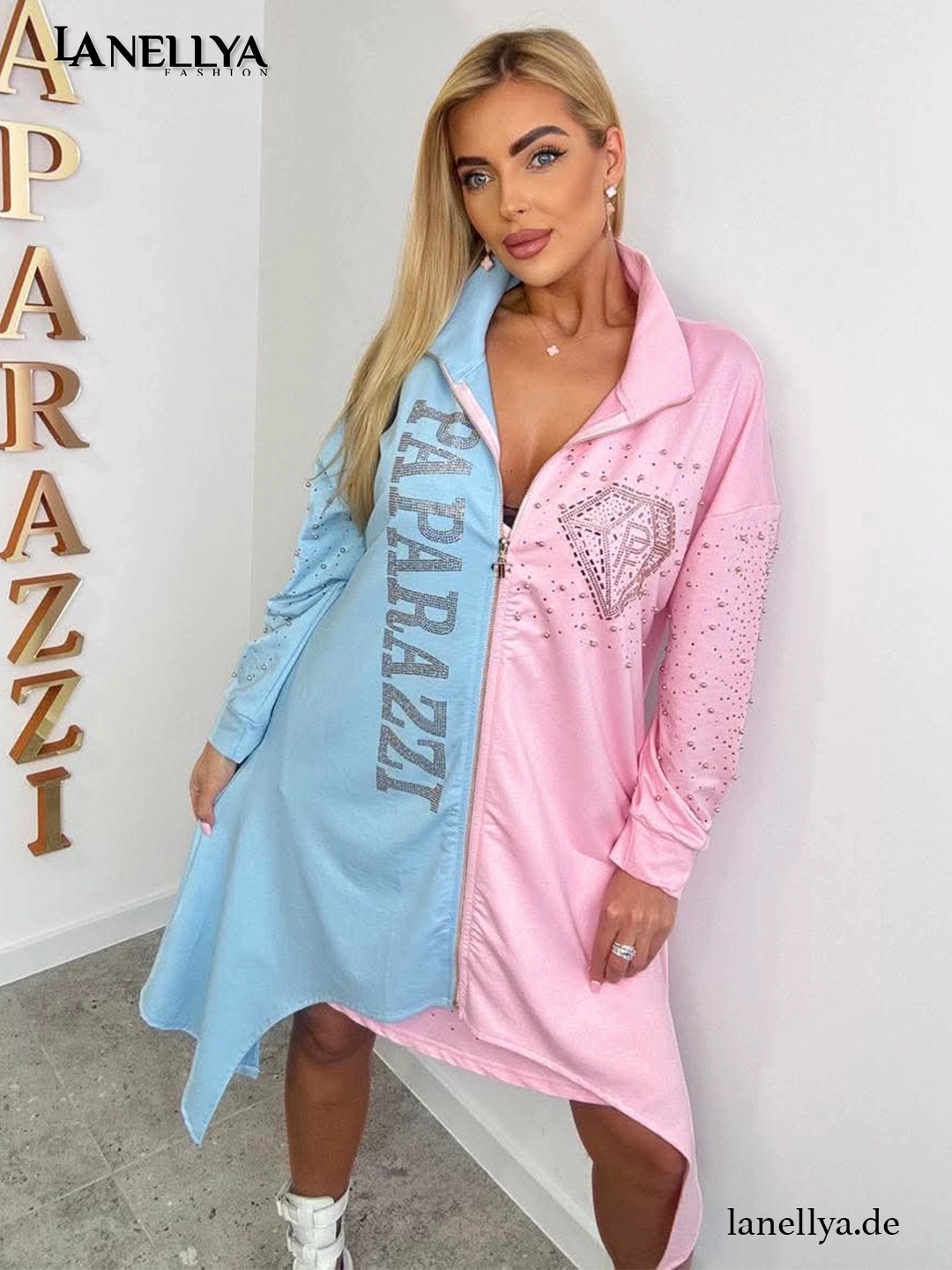 Paparazzi Damen Komplett Set Kleid und Cardigan mit Strass