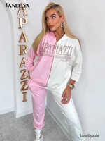 Paparazzi Damen Komplett Set Rosa Weiß Sweatshirt und Hose Zweiteiler