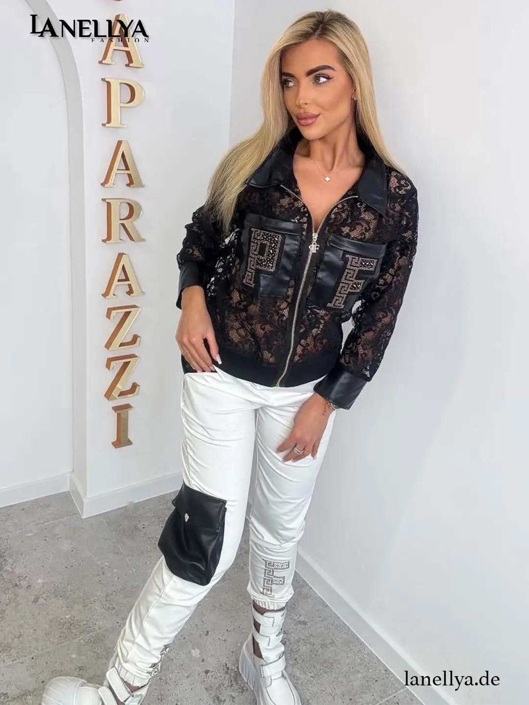 Paparazzi Damen Komplett Set Spitze Kunstleder Sweatshirt Hose Luxus