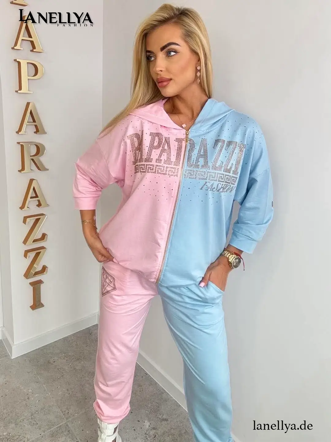 Paparazzi Zweiteiler Damen Rosa Blau Sweatshirt Jogginghose Set