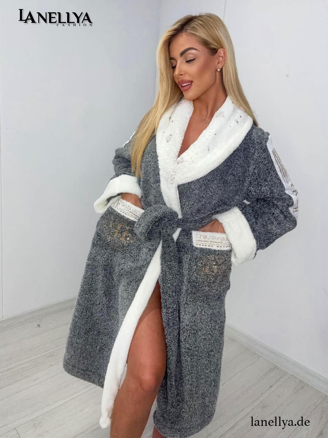 Paparazzi Damen Bademantel Grau luxuriöser Homewear Mantel mit Gürtel