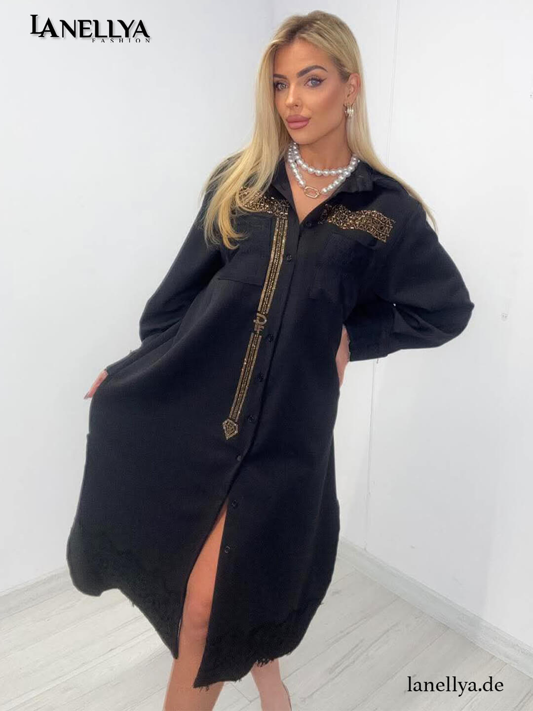 Paparazzi Damen Hemdkleid Schwarz elegantes Kleid mit Glam Details