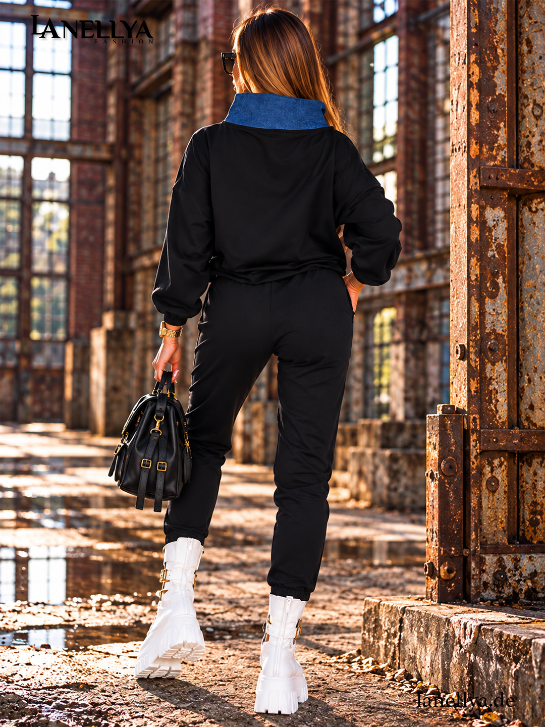 Paparazzi Damen Hose Schwarz mit blauem Jeans-Einsatz am Bein, passend zum Sweatshirt – Damen Set M–XL