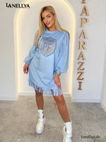 Paparazzi Damen Kleid Hellblau mit Fransen und PF Glanzmotiv