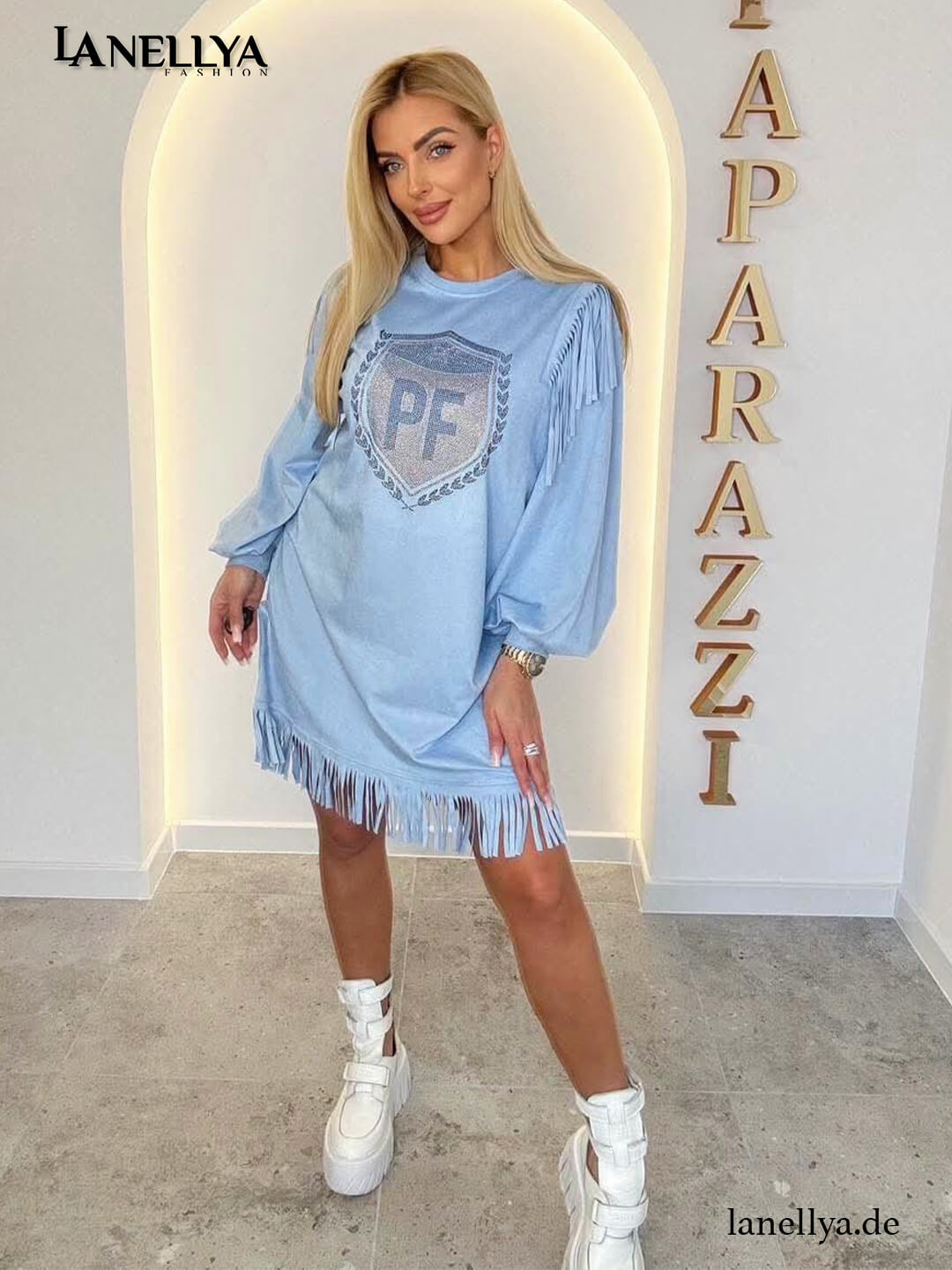 Paparazzi Damen Kleid Hellblau mit Fransen und PF Glanzmotiv