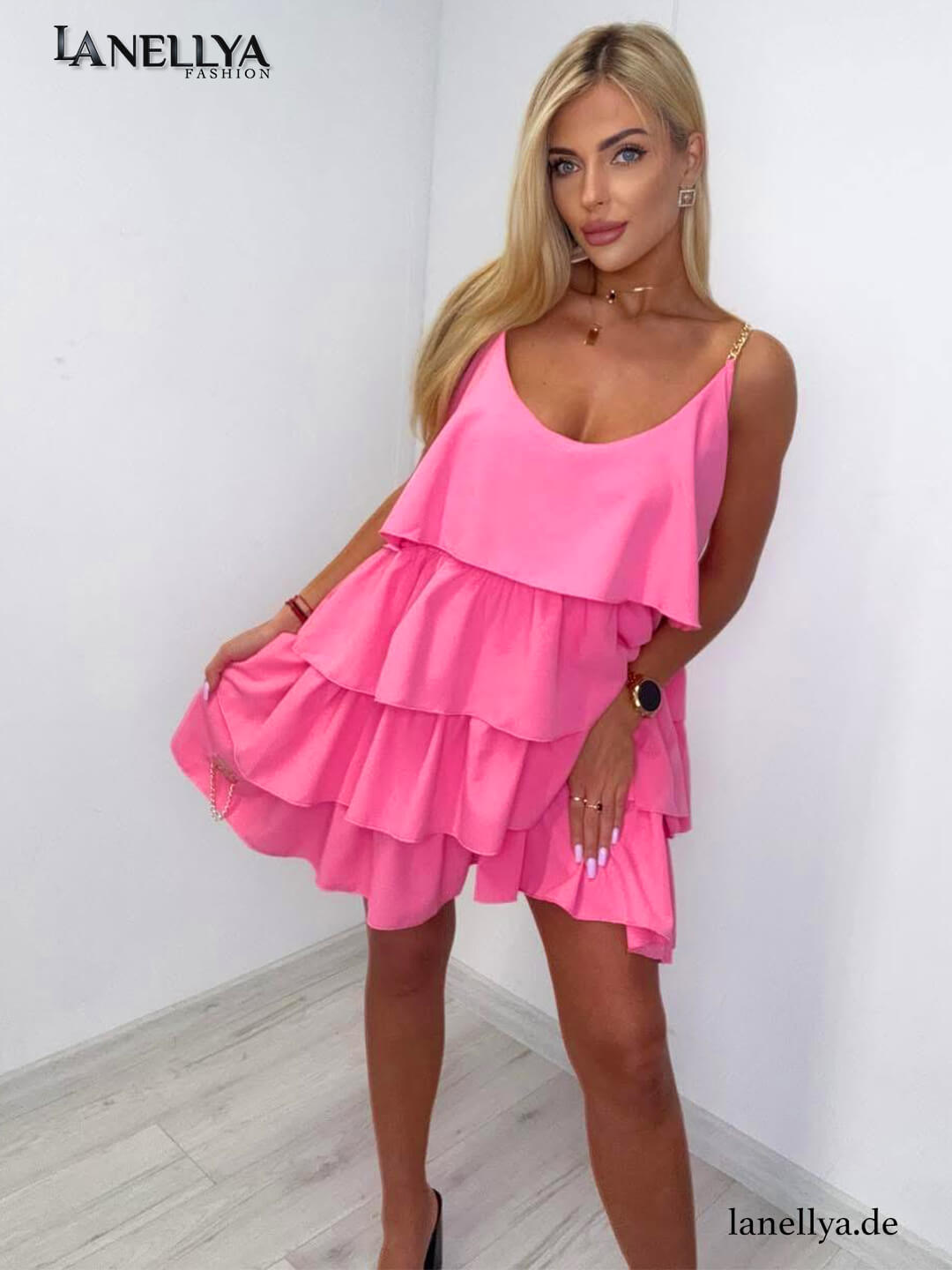 Paparazzi Damen Kleid Pink Volantkleid mit Ketten Trägern