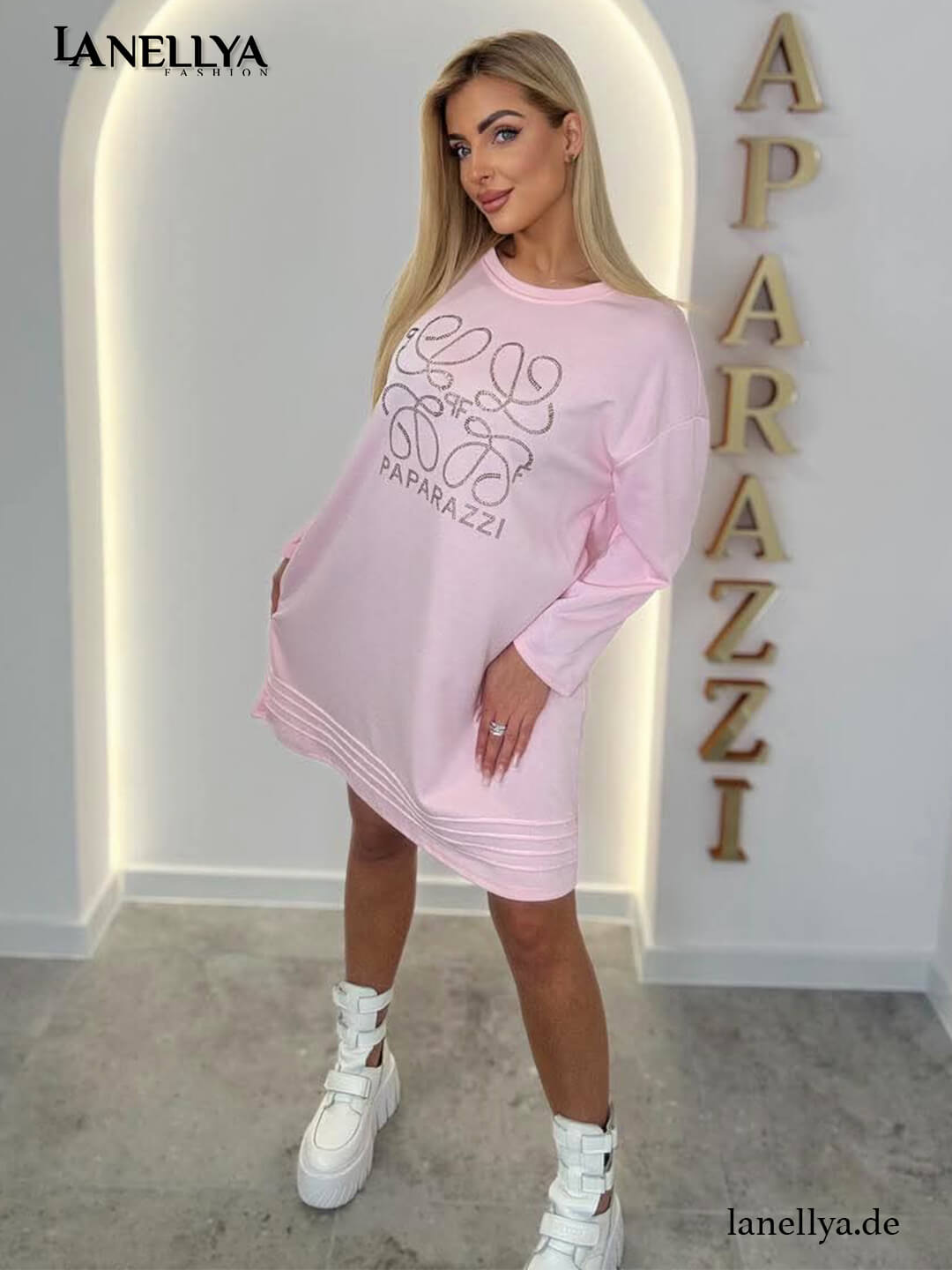 Paparazzi Damen Kleid Rosa Oversize Sweatkleid mit Logo Print