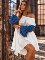 Paparazzi Damen Kleid Weiß mit langen blauen Ärmeln und Statement-Motiv