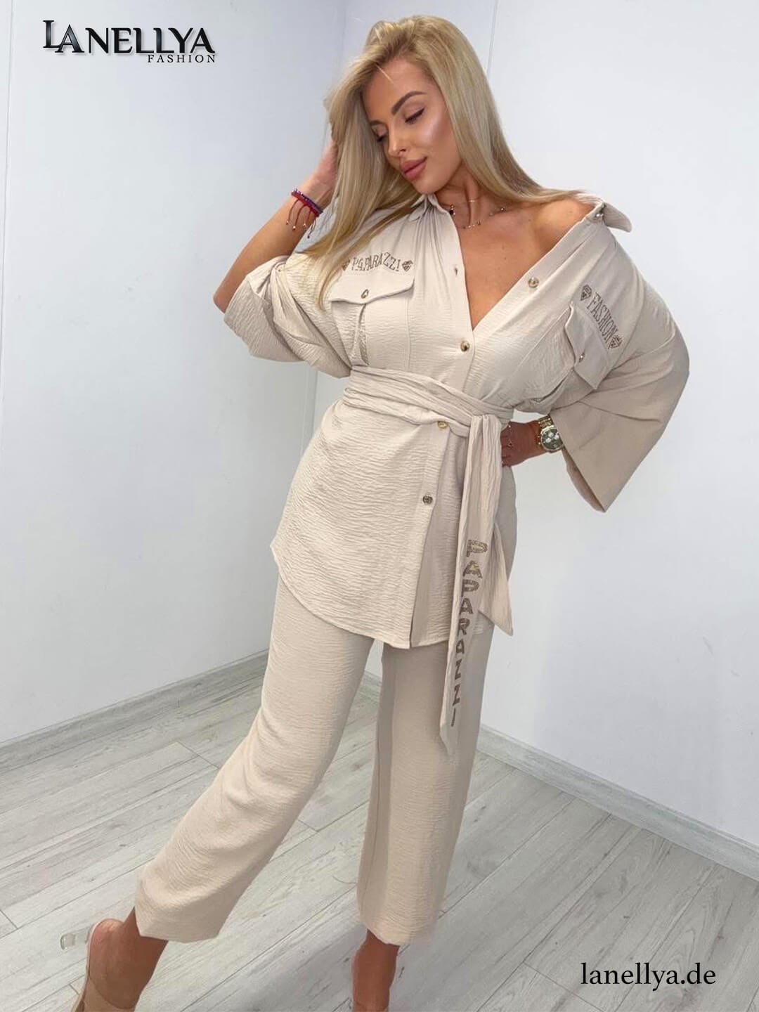 Paparazzi Damen Komplett-Set Beige mit Bluse und Hose