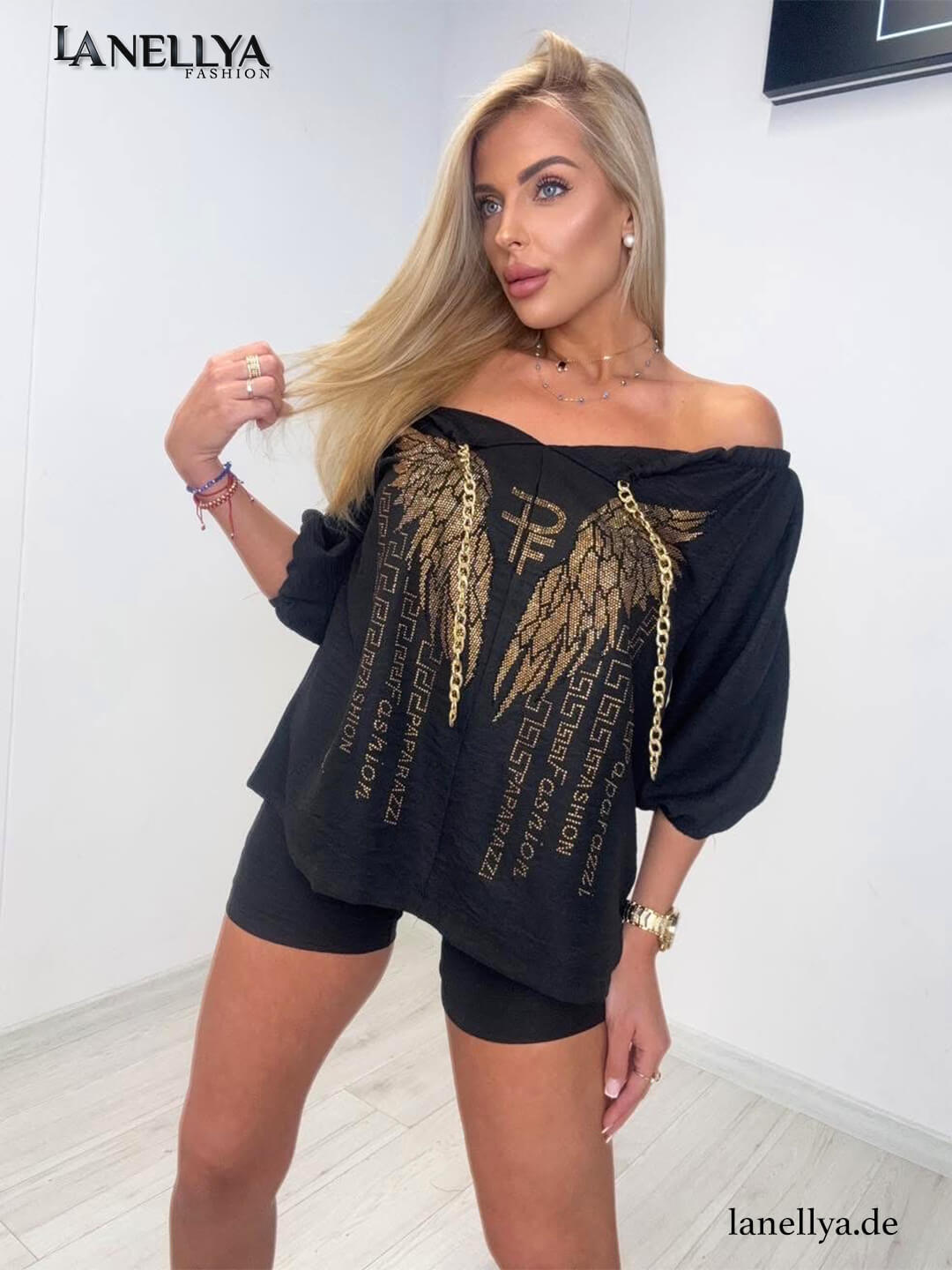Paparazzi Damen Komplett-Set Schwarz mit Off-Shoulder Shirt und Shorts