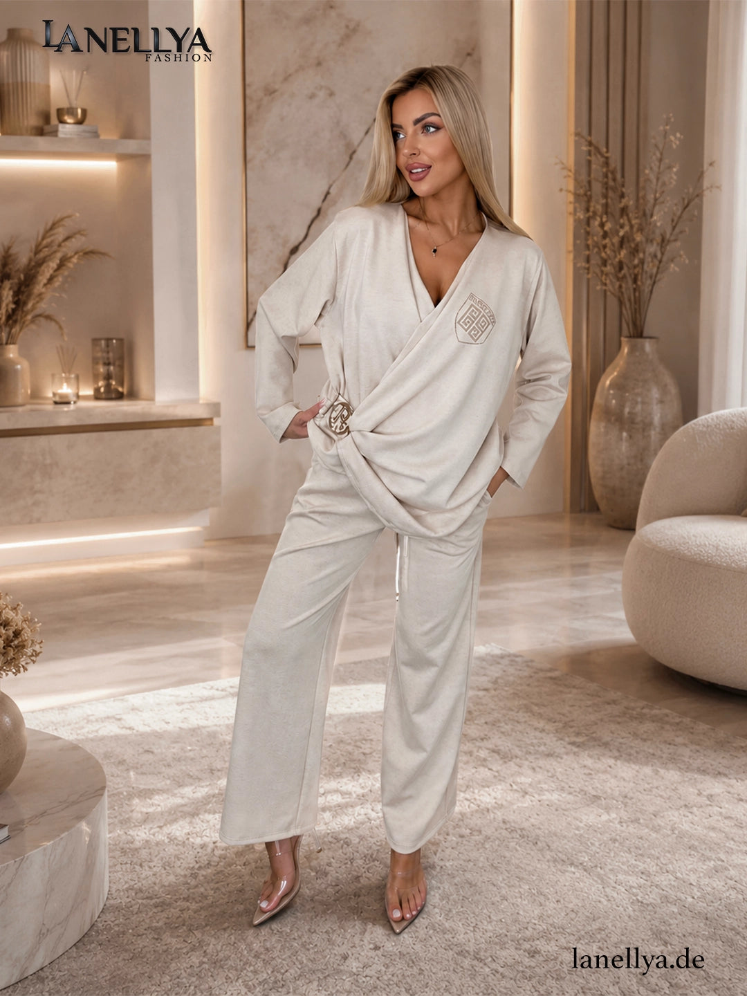 Paparazzi Damen Komplett Set Beige mit eleganter Wide Leg Hose