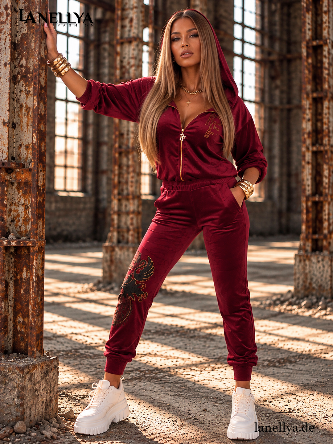 Paparazzi Damen Komplett Set Bordeaux mit Kapuzenjacke und Hose – eleganter Zweiteiler S–L
