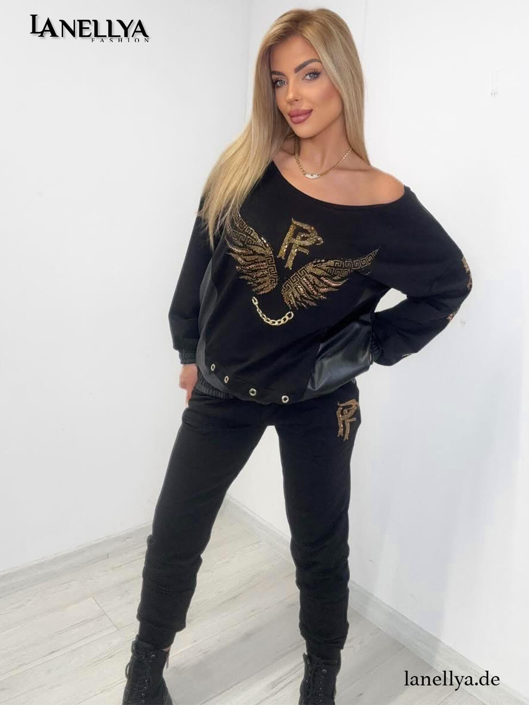 Paparazzi Damen Komplett Set Schwarz Glam Zweiteiler mit Flügel Design