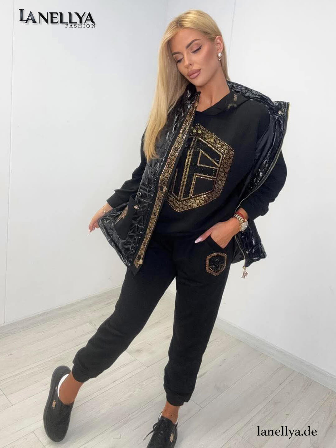 Paparazzi Damen Komplett Set Schwarz Gold Sweatshirt Hose Weste