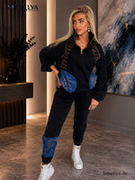 Paparazzi Damen Komplett Set Schwarz Sweatshirt und Hose Streetstyle