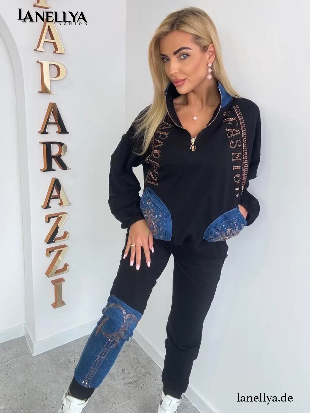 Paparazzi Damen Komplett Set Schwarz Sweatshirt und Hose Streetstyle