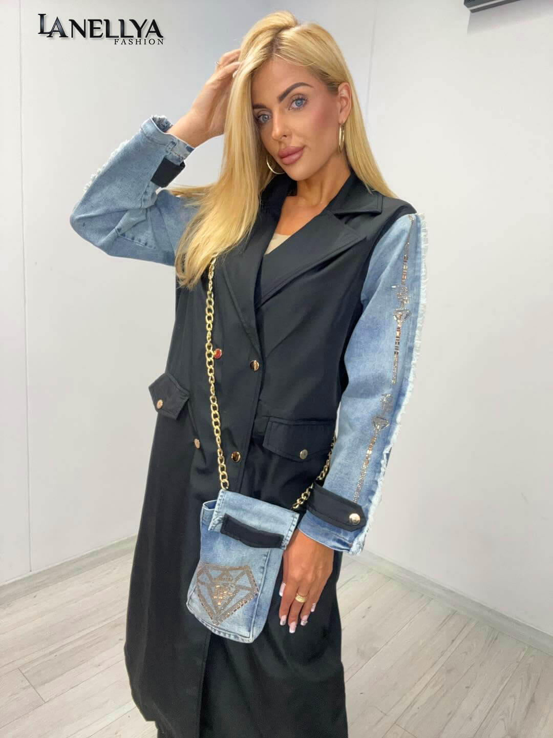 Paparazzi Damen Mantel lang mit Jeansärmeln und Taschen schwar