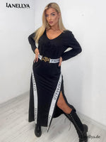 Paparazzi Damen Maxi Kleid Schwarz elegantes Kleid mit V Ausschnitt