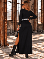 Paparazzi Damen Maxikleid 140 cm mit V-Ausschnitt, dekorativem Brustmotiv und Seitenschlitz