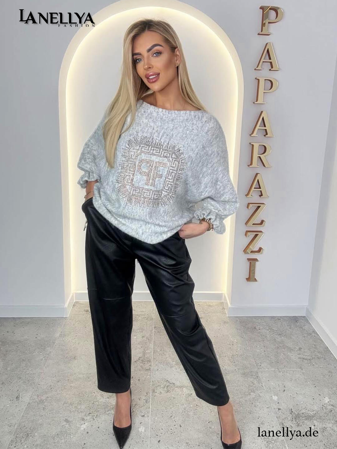 Paparazzi Damen Oversize Pullover in Grau mit dekorativem Ziermotiv