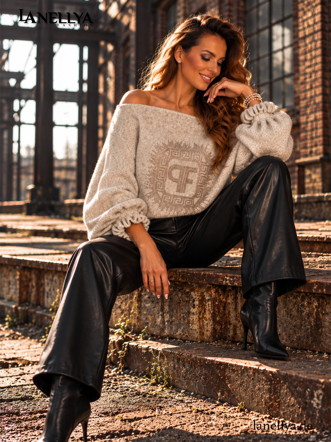 Paparazzi Damen Pullover Beige Oversize mit weitem Ausschnitt