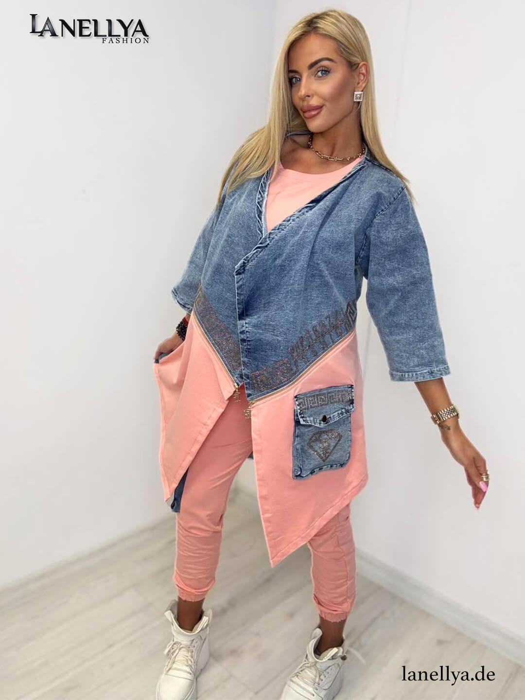 Paparazzi Damen Set Rosa – sportlich-eleganter Look mit Jeans-Details und Tasche