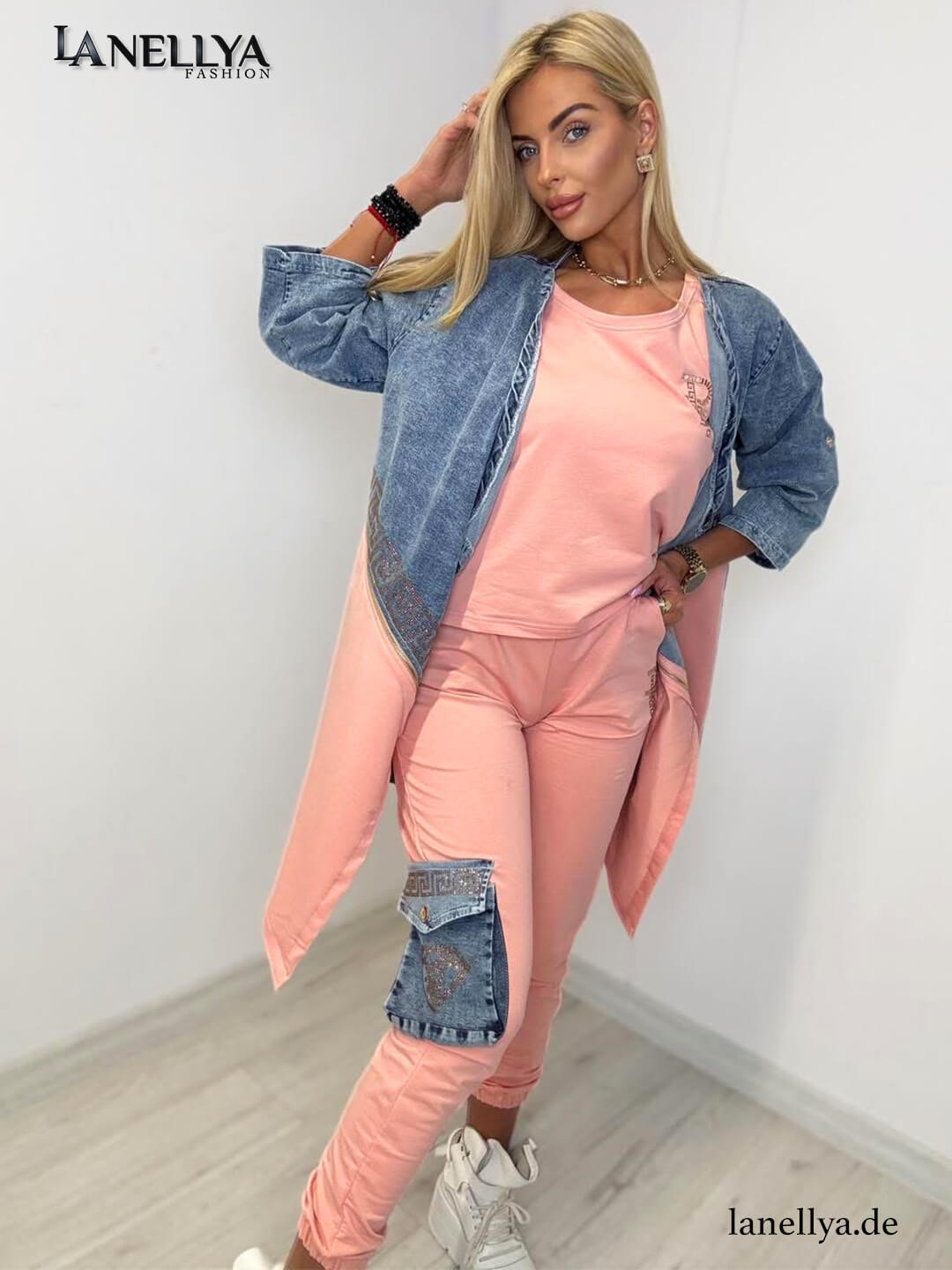 Paparazzi Damen Set in Rosa mit Jeansjacke – 3-teiliges Outfit im Streetstyle Look