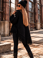 Paparazzi Damen Strickset Schwarz mit locker geschnittenem Oversize Pullover, langem Schal mit Fransen und passender Strickmütze