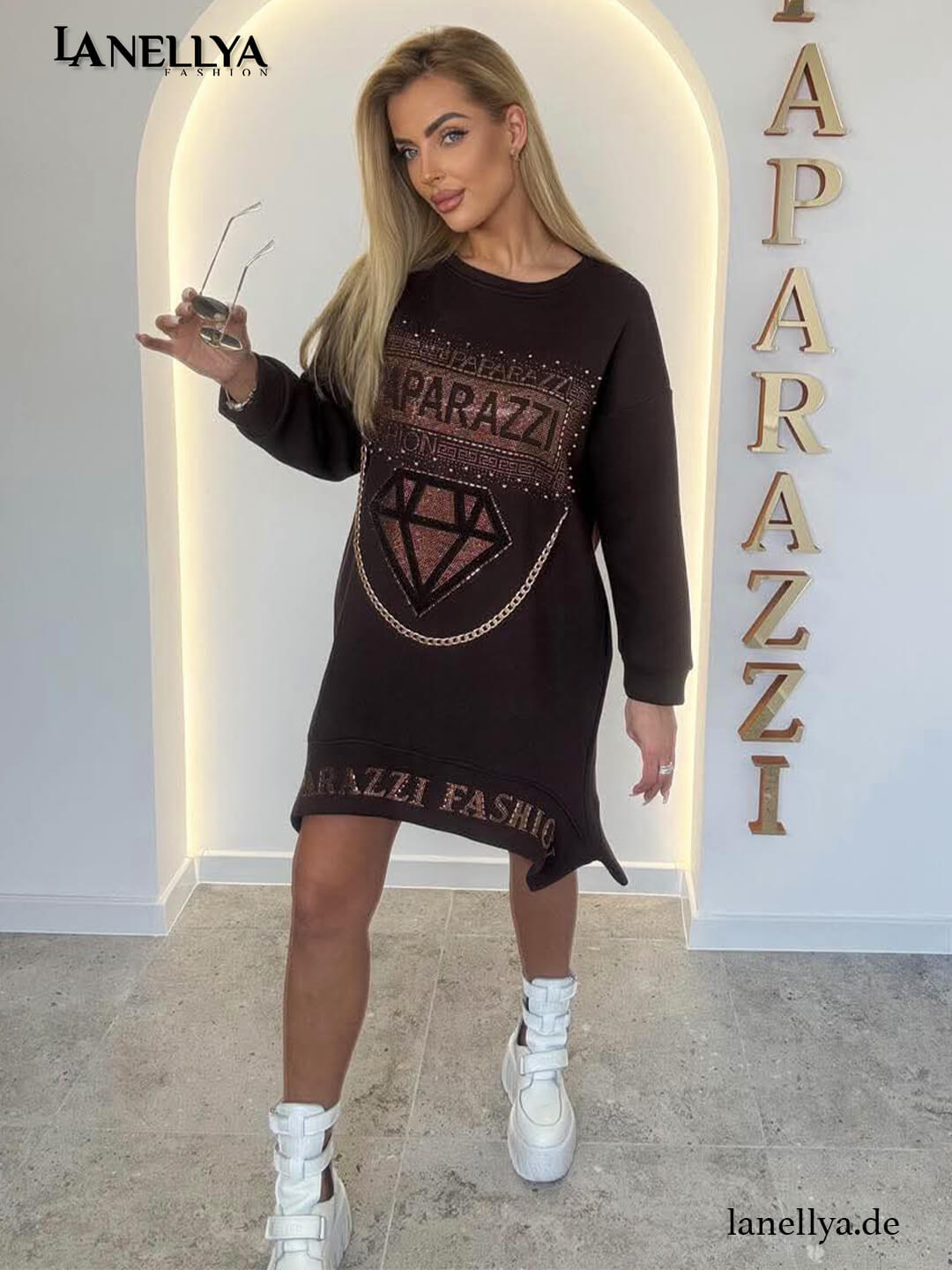 Paparazzi Damen Sweatshirt-Kleid schwarz mit Strass-Print