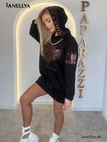 Paparazzi Damen Sweatshirt Kleid Schwarz Glam Hoodie Kleid mit Strassdetails