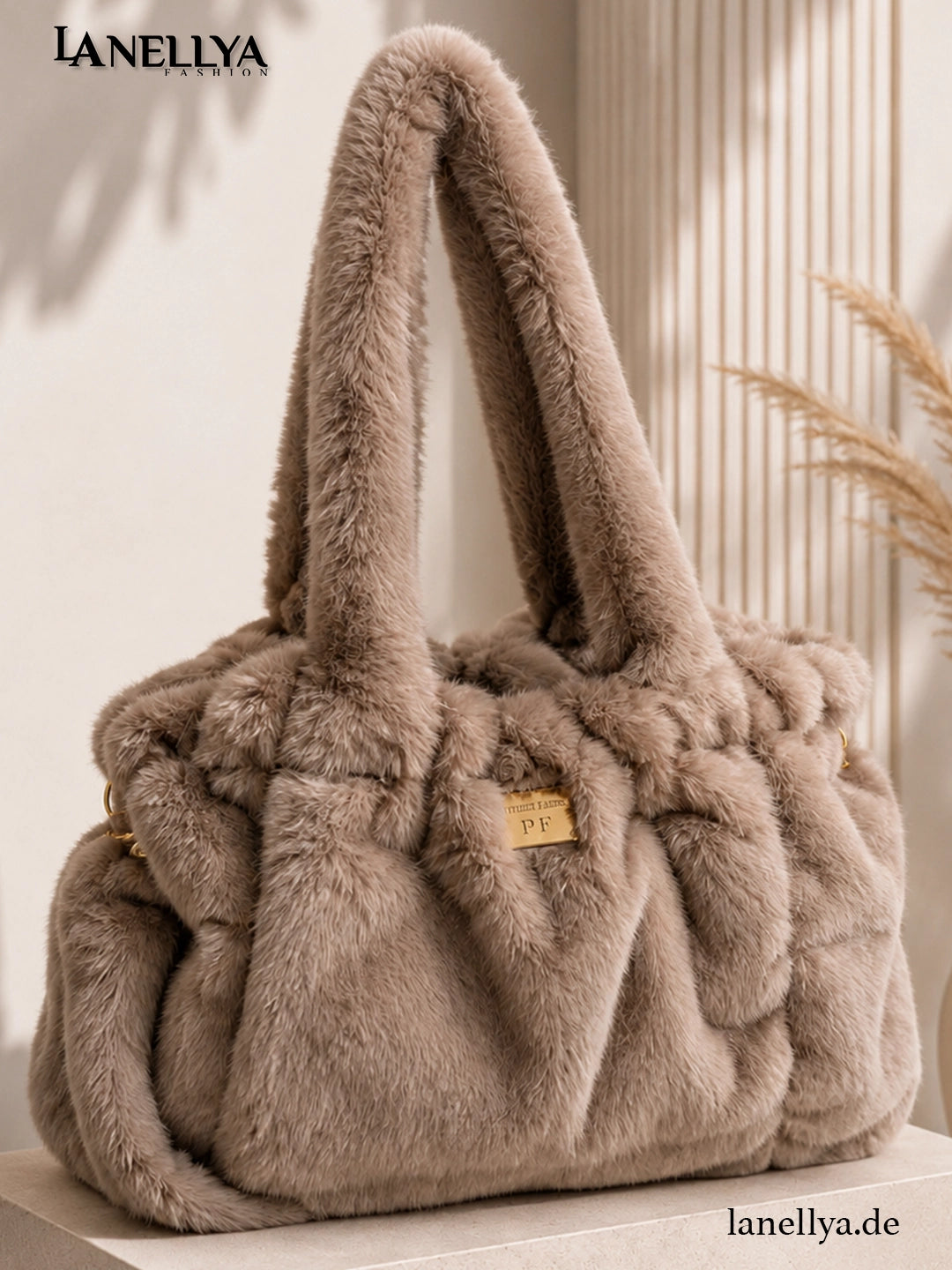 Paparazzi Fashion Damen Plüsch Handtasche Taupe mit weicher Felloptik