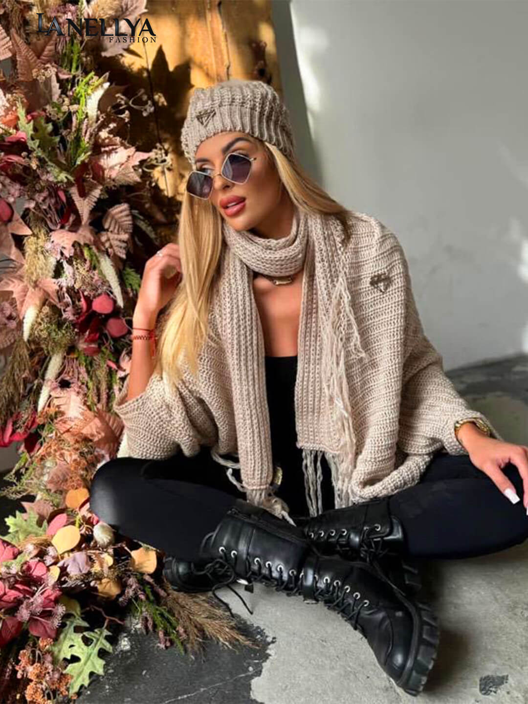 Paparazzi Mütze Schal Set Beige für Herbst Winter