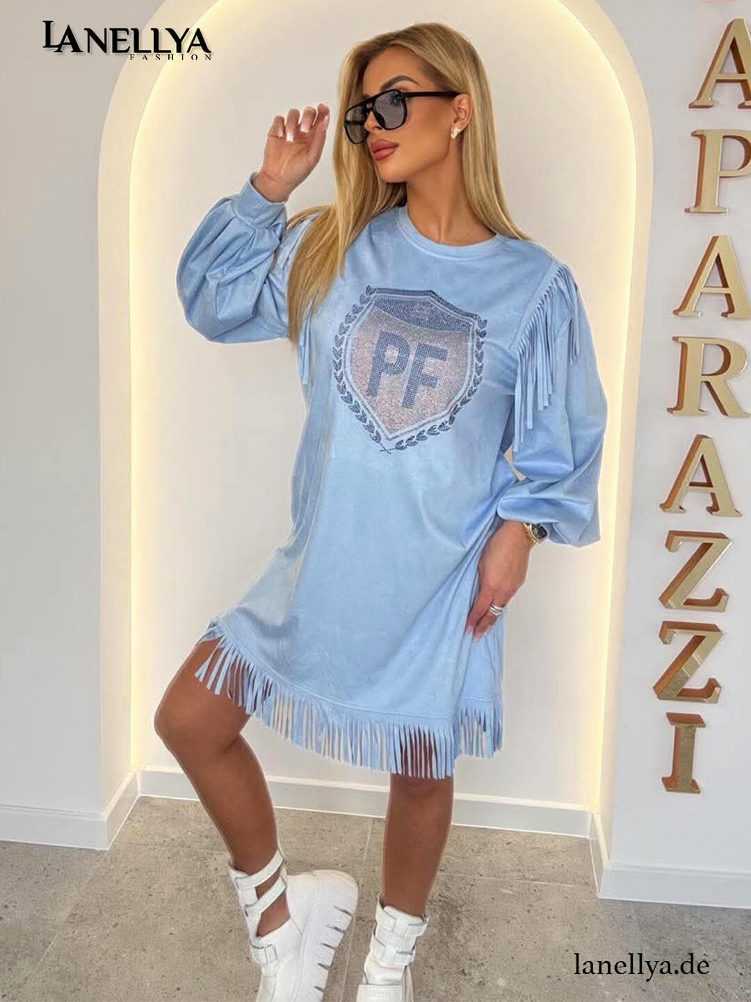 Paparazzi Modisches Damen Kleid mit Fransen an Ärmeln und Saum